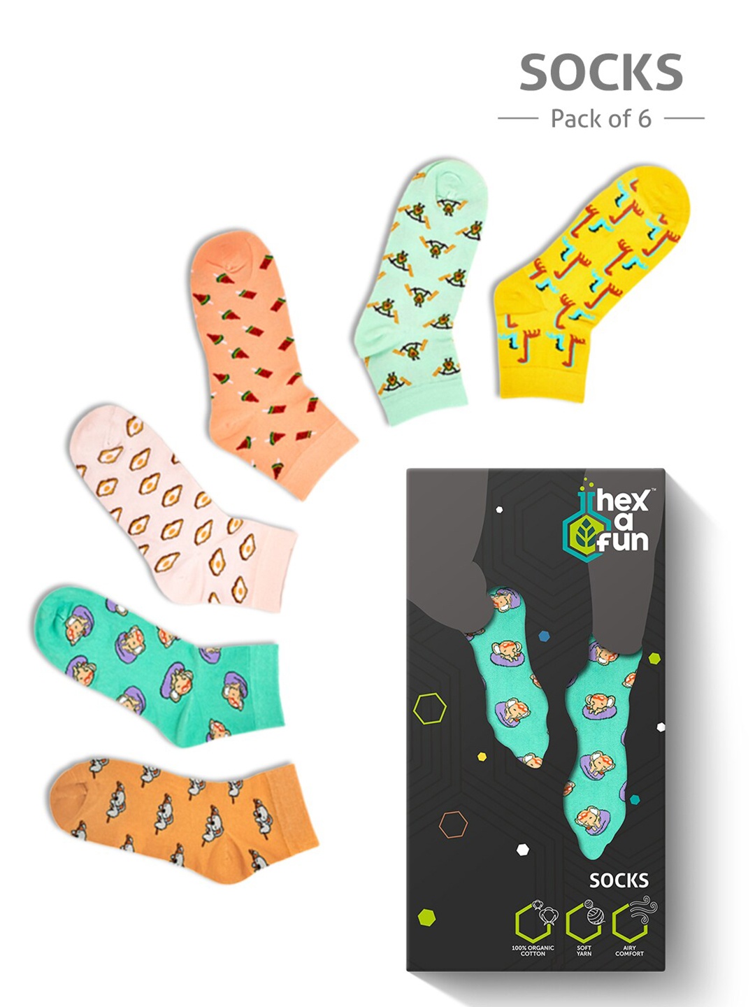 

hexafun Unisex Pack of 6 Patterned Ankle Pure Cotton Socks, Green