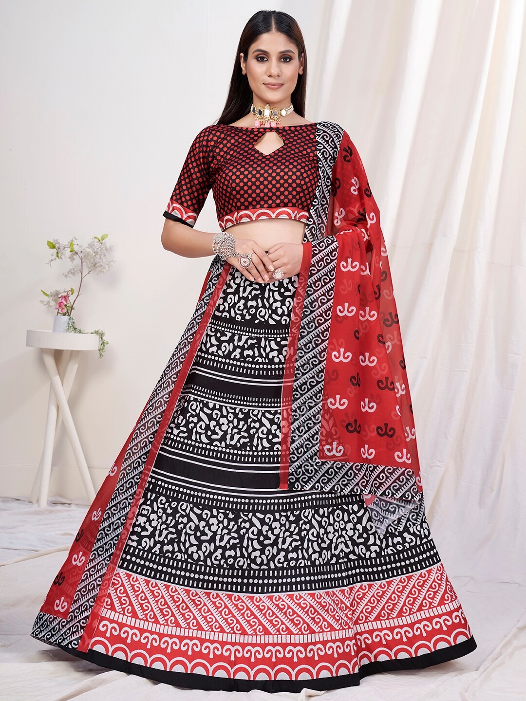 

WHITE FIRE Black & Red Printed Semi-Stitched Lehenga & Unstitched Blouse With Dupatta