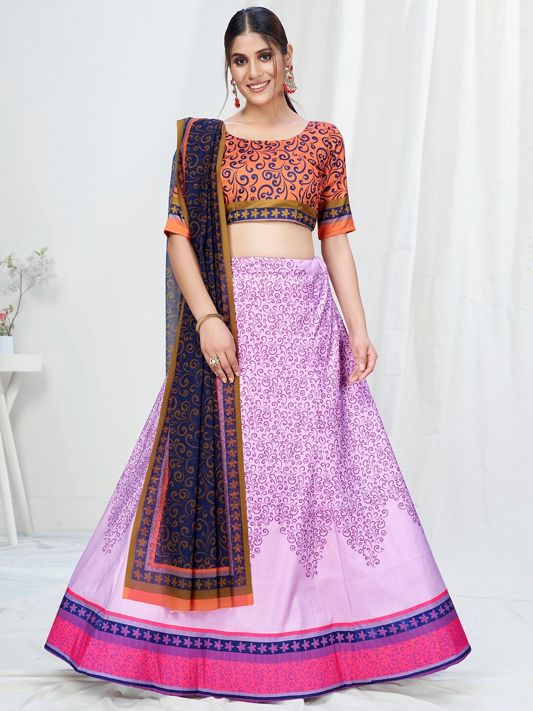 

WHITE FIRE Pink & Purple Printed Semi-Stitched Lehenga & Unstitched Blouse With Dupatta