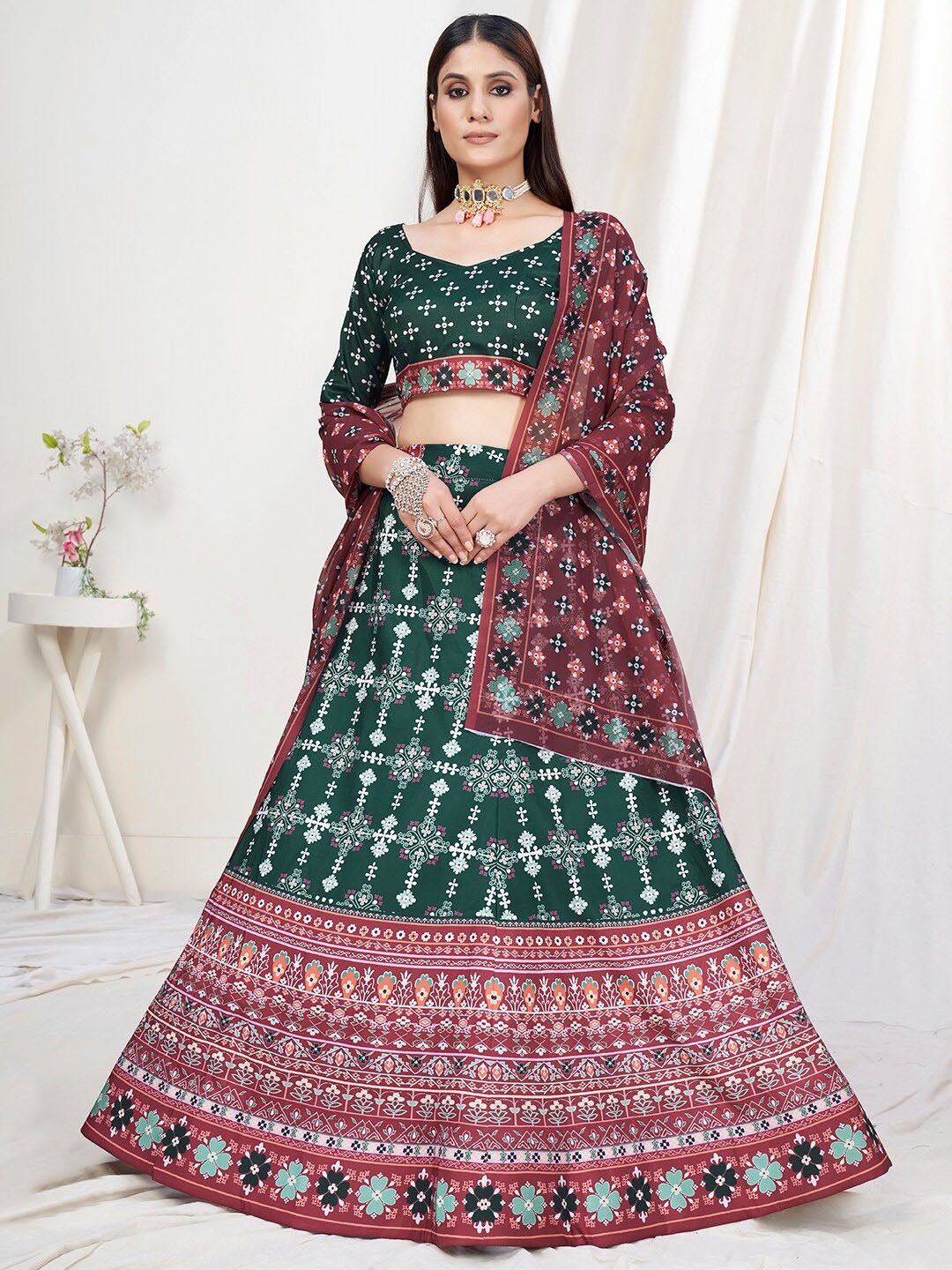 

WHITE FIRE Green & Maroon Printed Semi-Stitched Lehenga & Unstitched Blouse With Dupatta