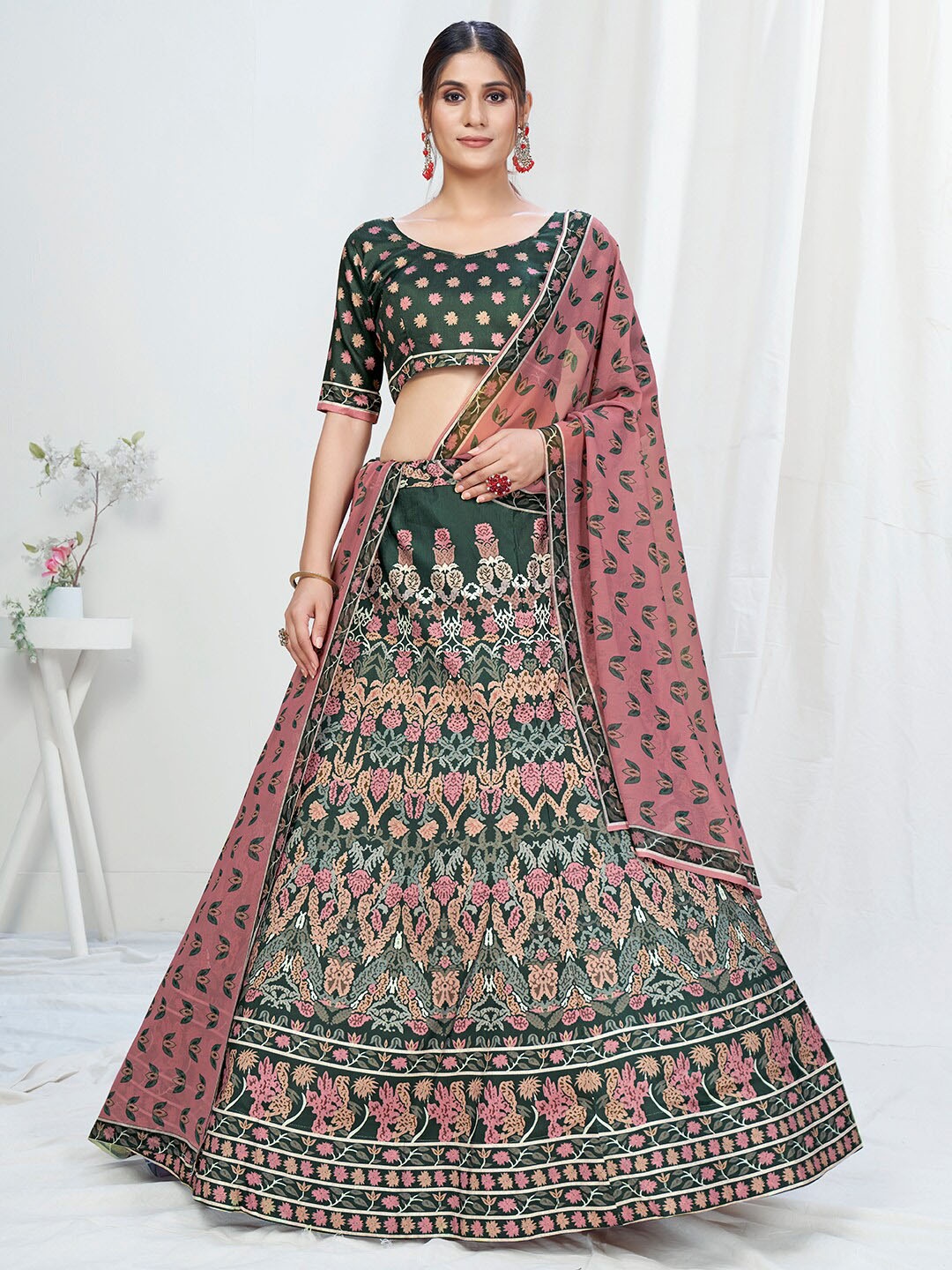 

WHITE FIRE Green & Pink Printed Semi-Stitched Lehenga & Unstitched Blouse With Dupatta