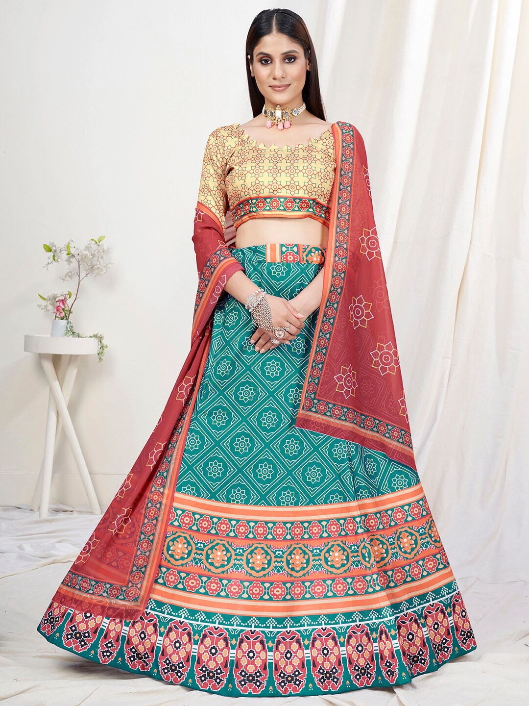 

WHITE FIRE Blue & Red Printed Semi-Stitched Lehenga & Unstitched Blouse With Dupatta