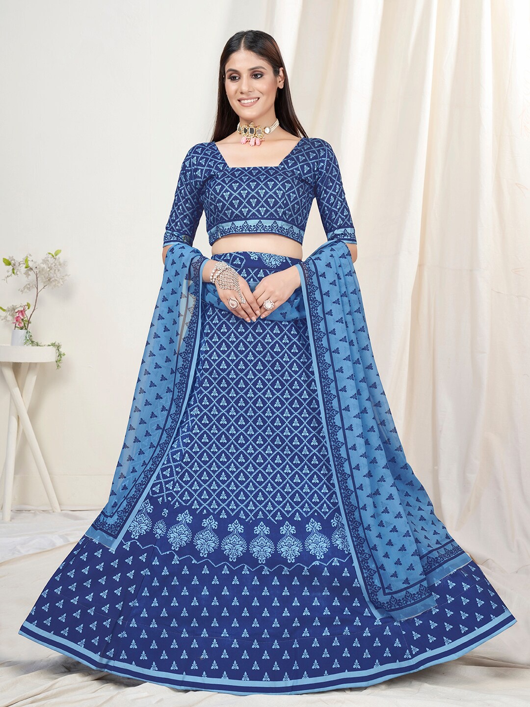 

WHITE FIRE Blue Printed Semi-Stitched Lehenga & Unstitched Blouse With Dupatta
