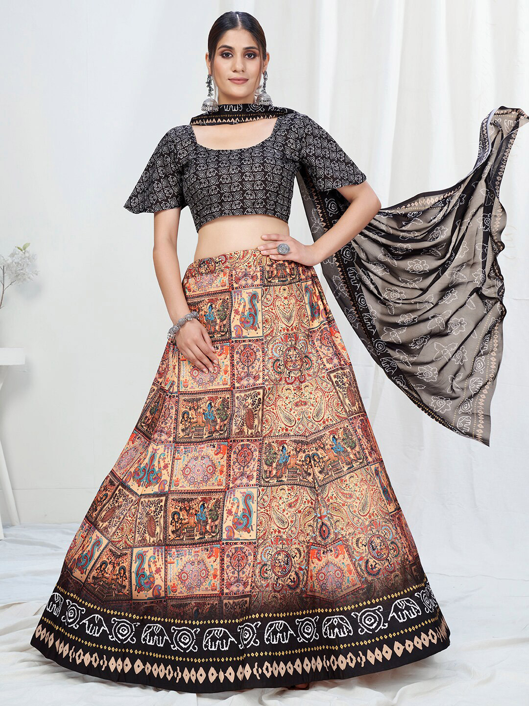 

WHITE FIRE Cream-Coloured & Black Printed Semi-Stitched Lehenga & Unstitched Blouse With Dupatta