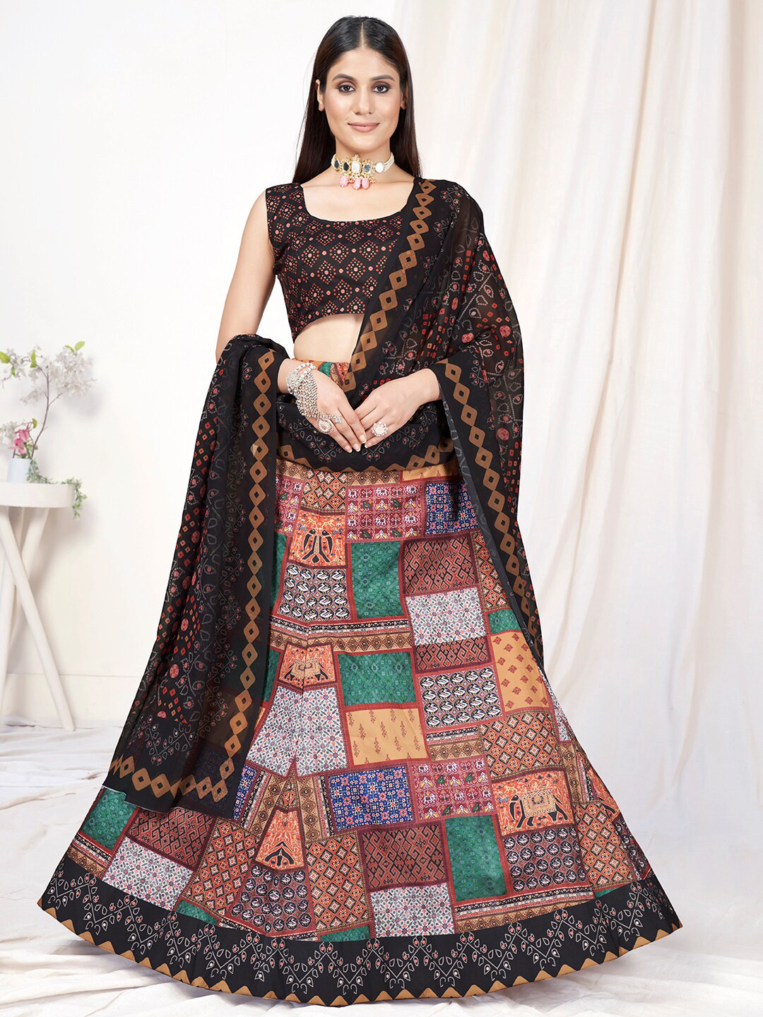 

WHITE FIRE Brown & Green Printed Semi-Stitched Lehenga & Unstitched Blouse With Dupatta