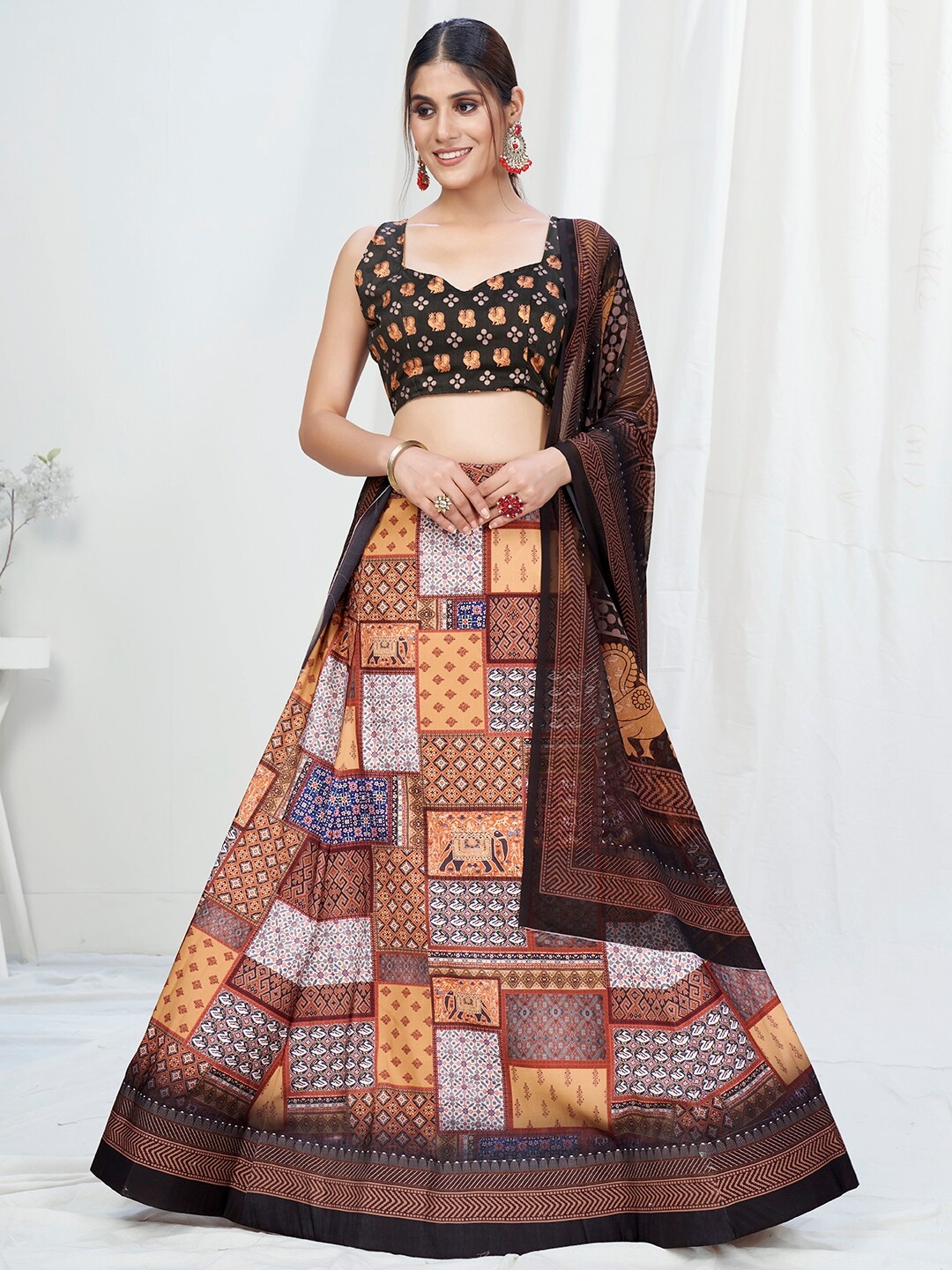 

WHITE FIRE Brown & Black Printed Semi-Stitched Lehenga & Unstitched Blouse With Dupatta
