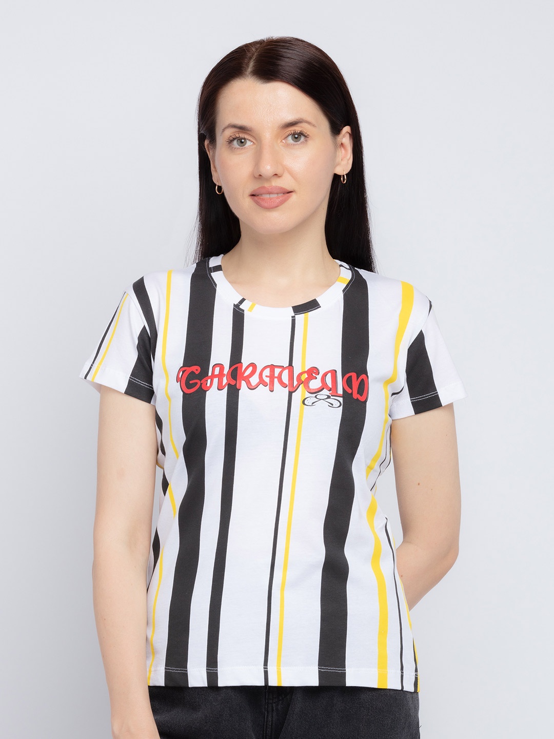 

Status Quo Women White Striped Extended Sleeves Applique T-shirt
