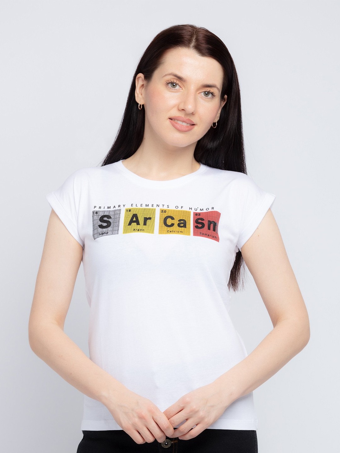 Status Quo Women White Typography Printed Extended Sleeves Applique T-shirt