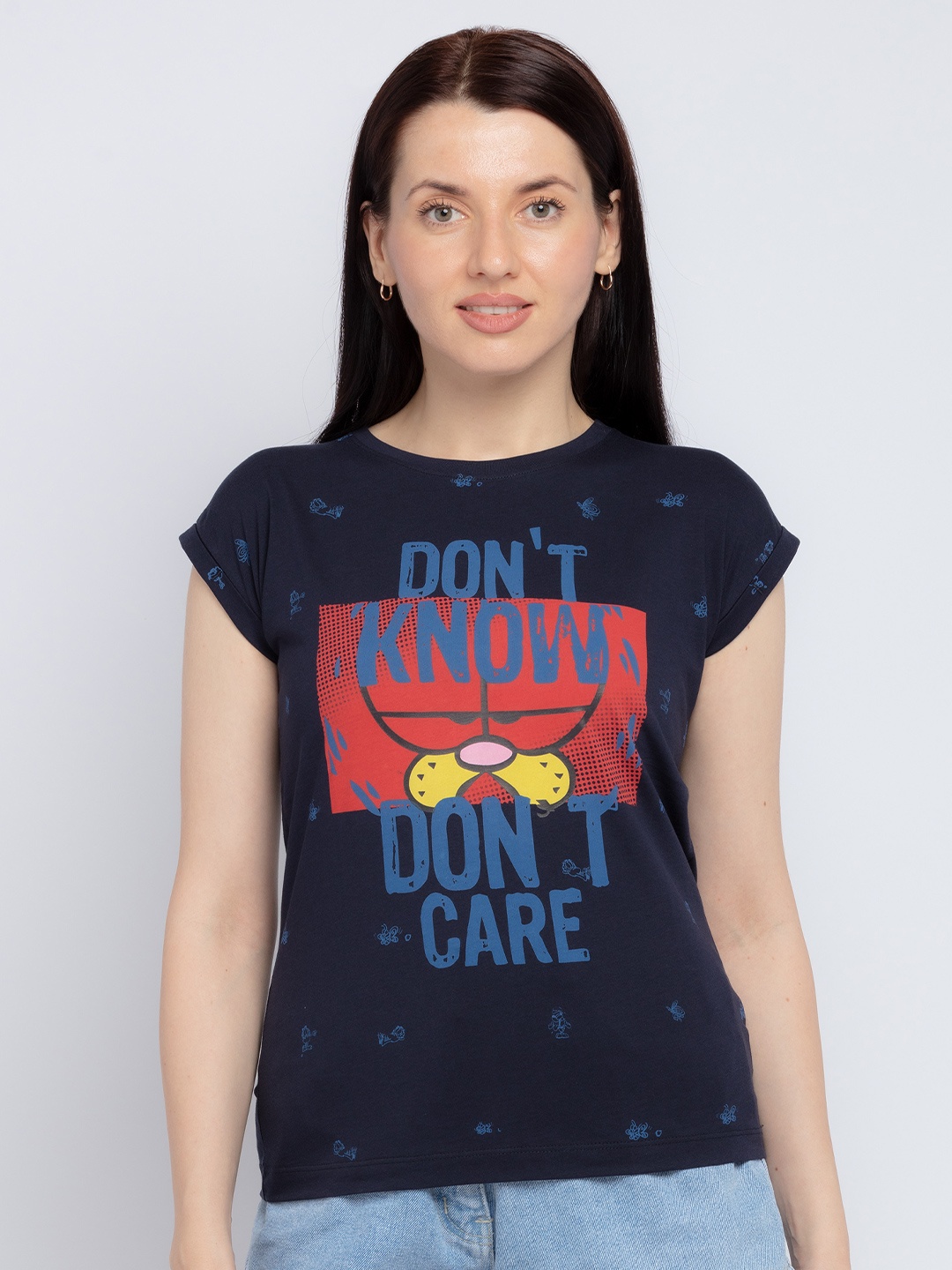 

Status Quo Women Navy Blue Printed Extended Sleeves T-shirt