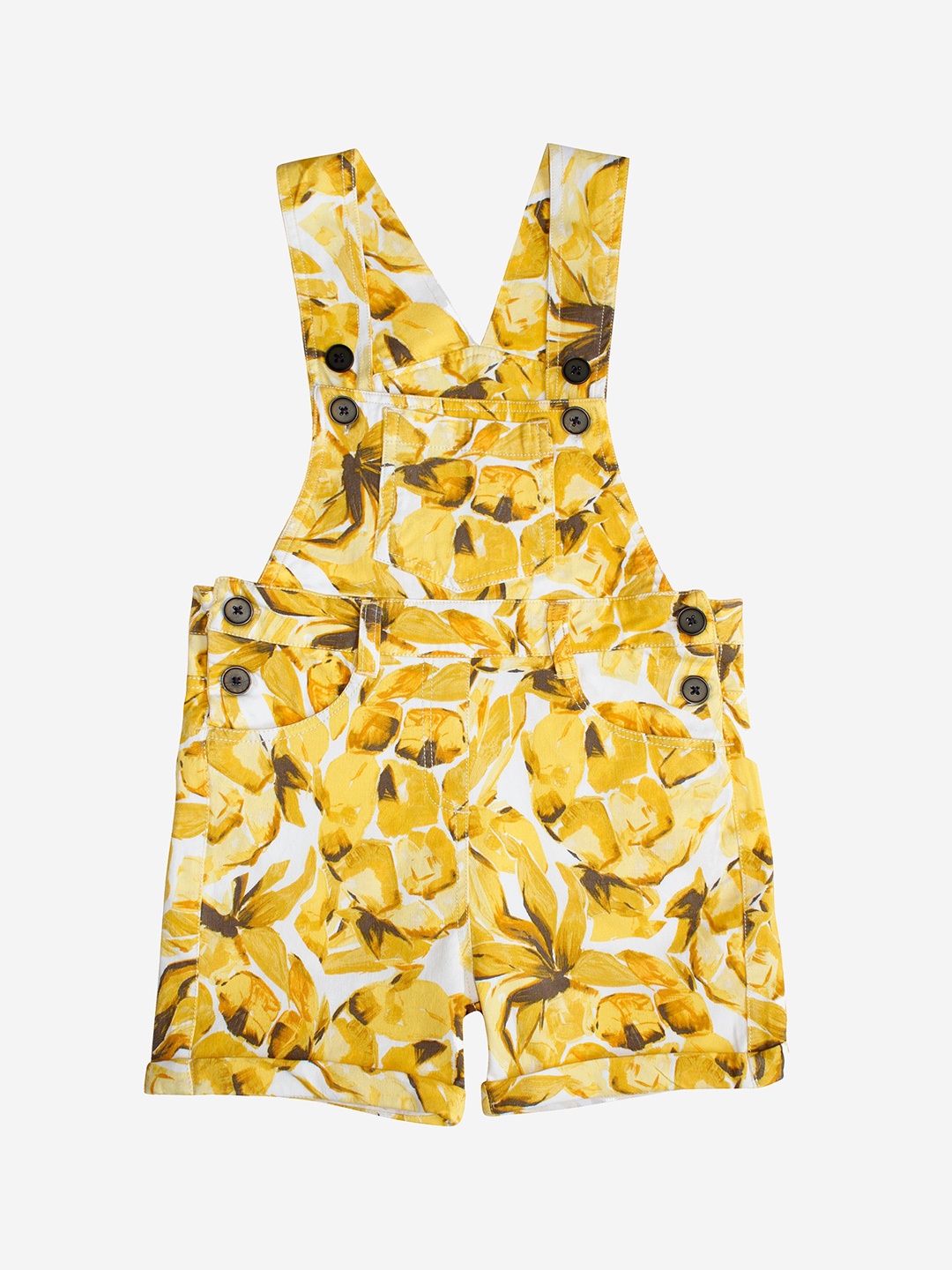 

KiddoPanti Girls Yellow & White Floral Printed Cotton Dungaree Shorts