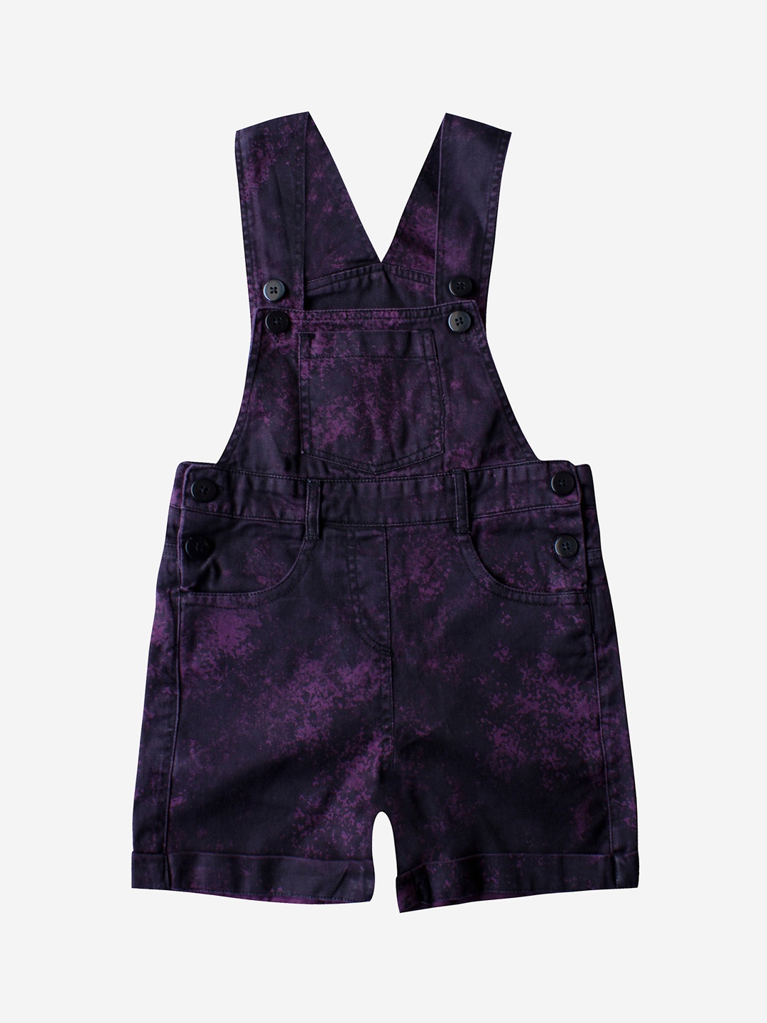 

KiddoPanti Girls Black & Violet Printed Pure Cotton Dungarees