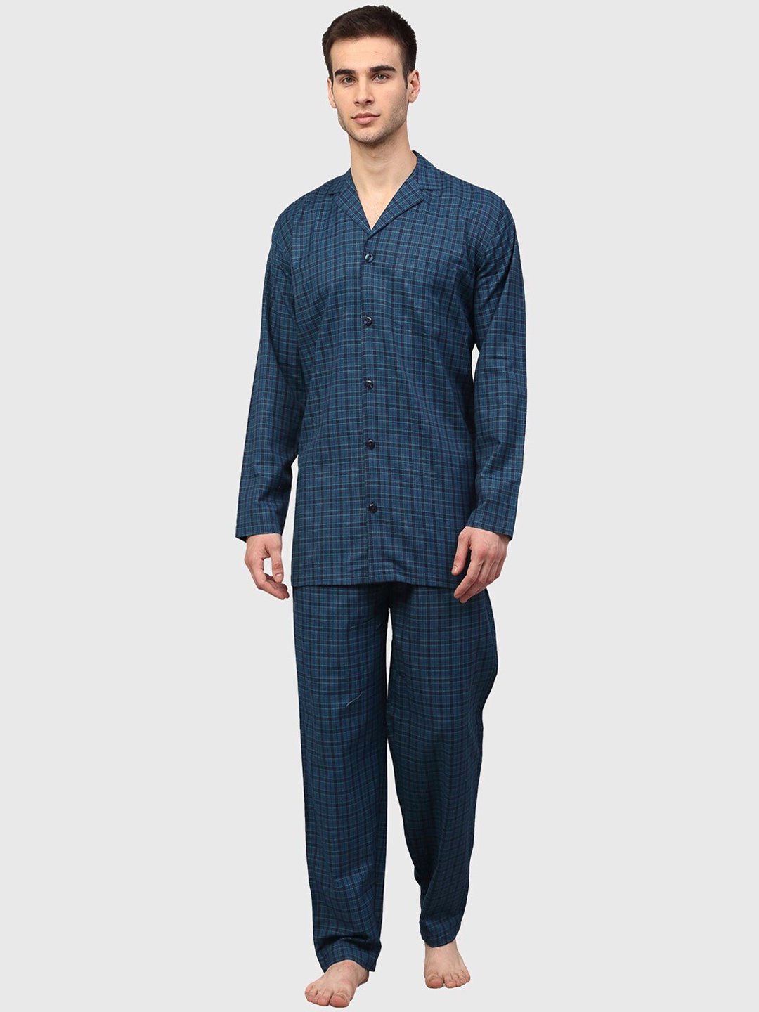 

JAINISH Men Blue Checked Night suit