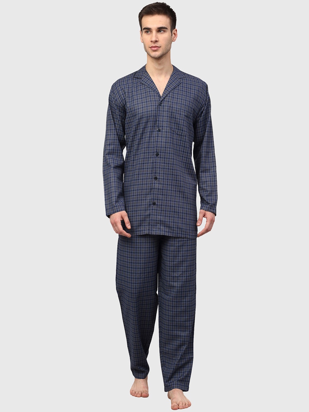 

JAINISH Men Navy Blue & Grey Checked Night suit