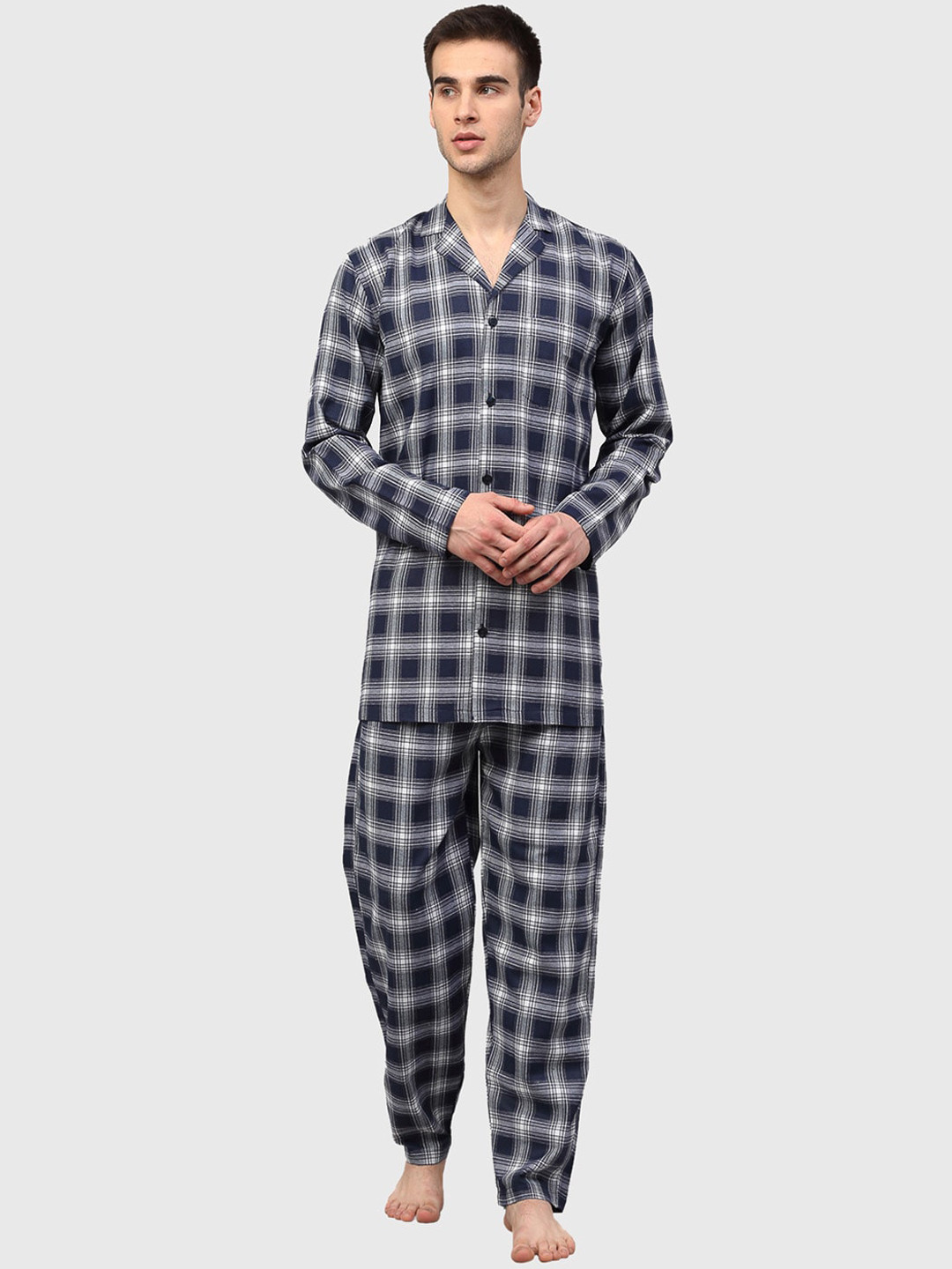 

JAINISH Men Navy Blue & White Checked Night suit