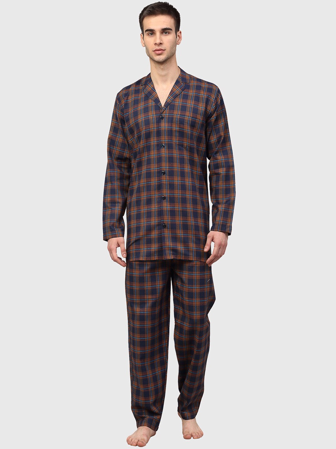 

JAINISH Men Orange & Blue Checked Night suit