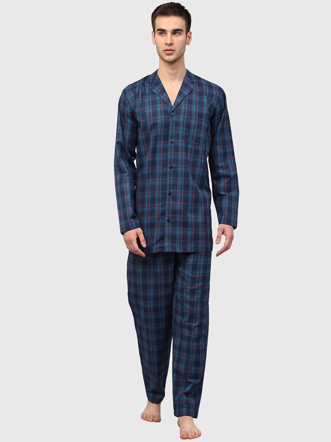 

JAINISH Men Navy Blue & Red Checked Night suit