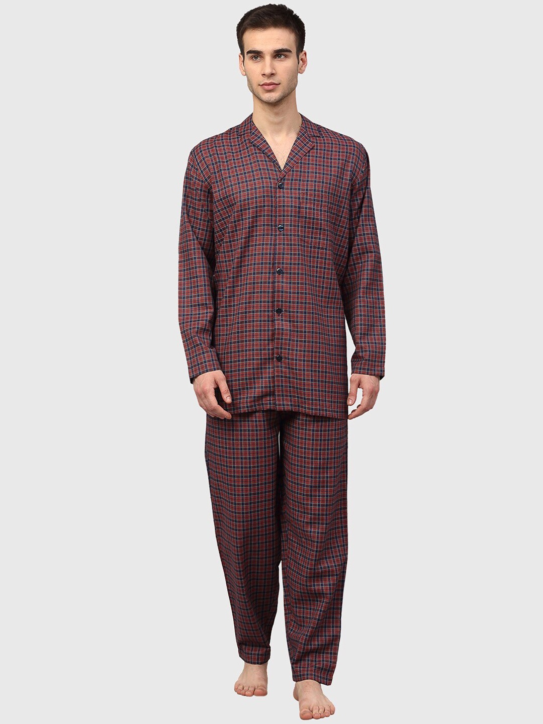 

JAINISH Men Maroon & Navy Blue Checked Night suit