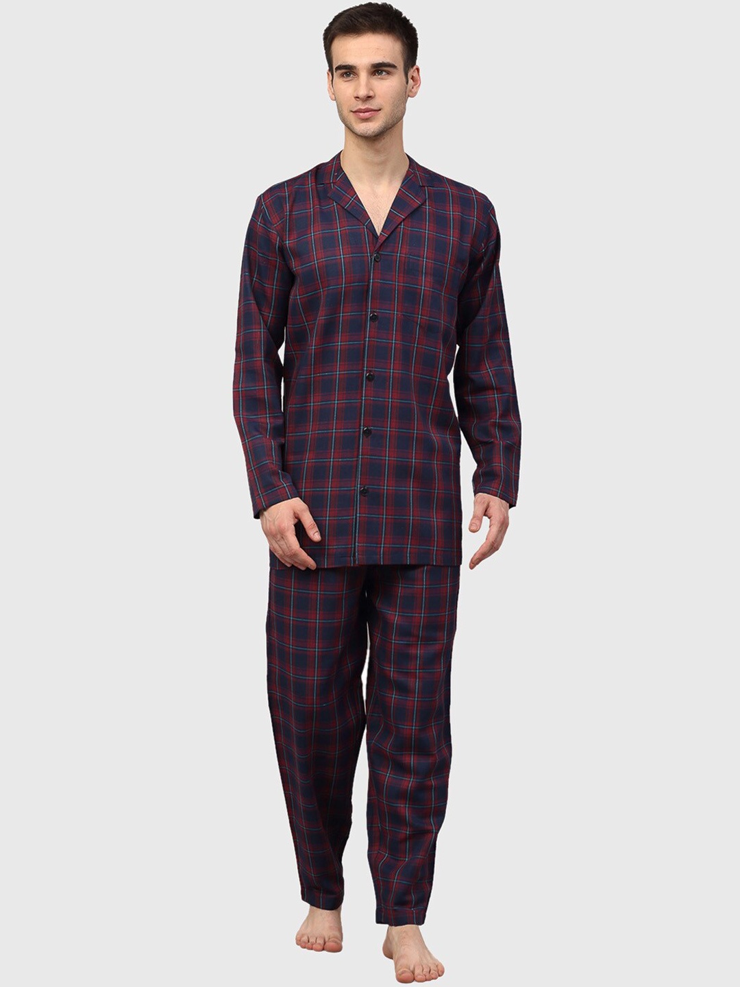 

JAINISH Men Blue & Red Checked Night suit