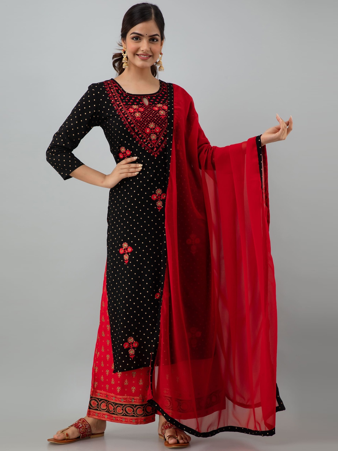 

KIMAYRA Women Black Ethnic Motifs Embroidered Kurta with Palazzos & With Dupatta