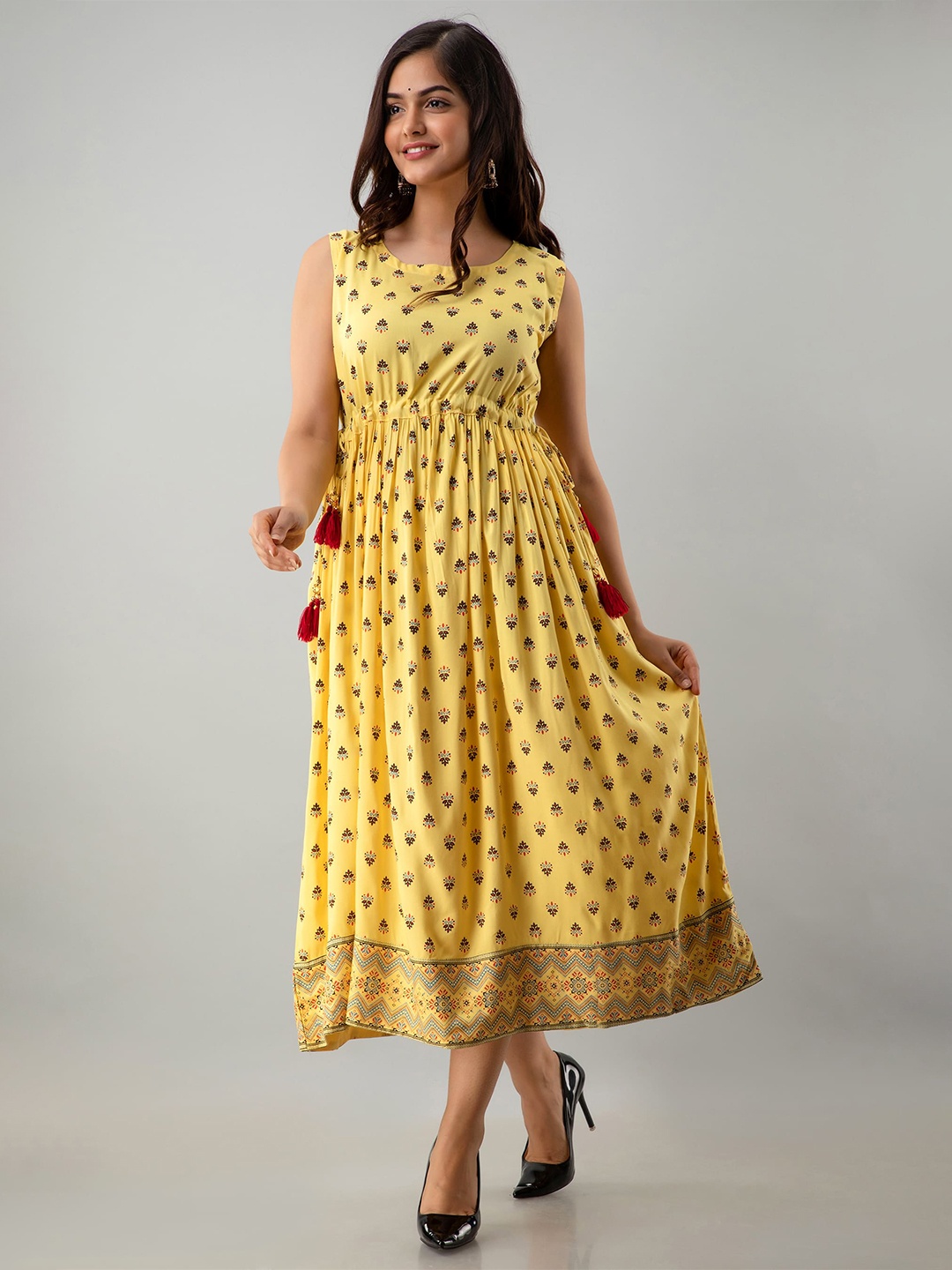 

KIMAYRA Yellow Floral Ethnic Midi Dress