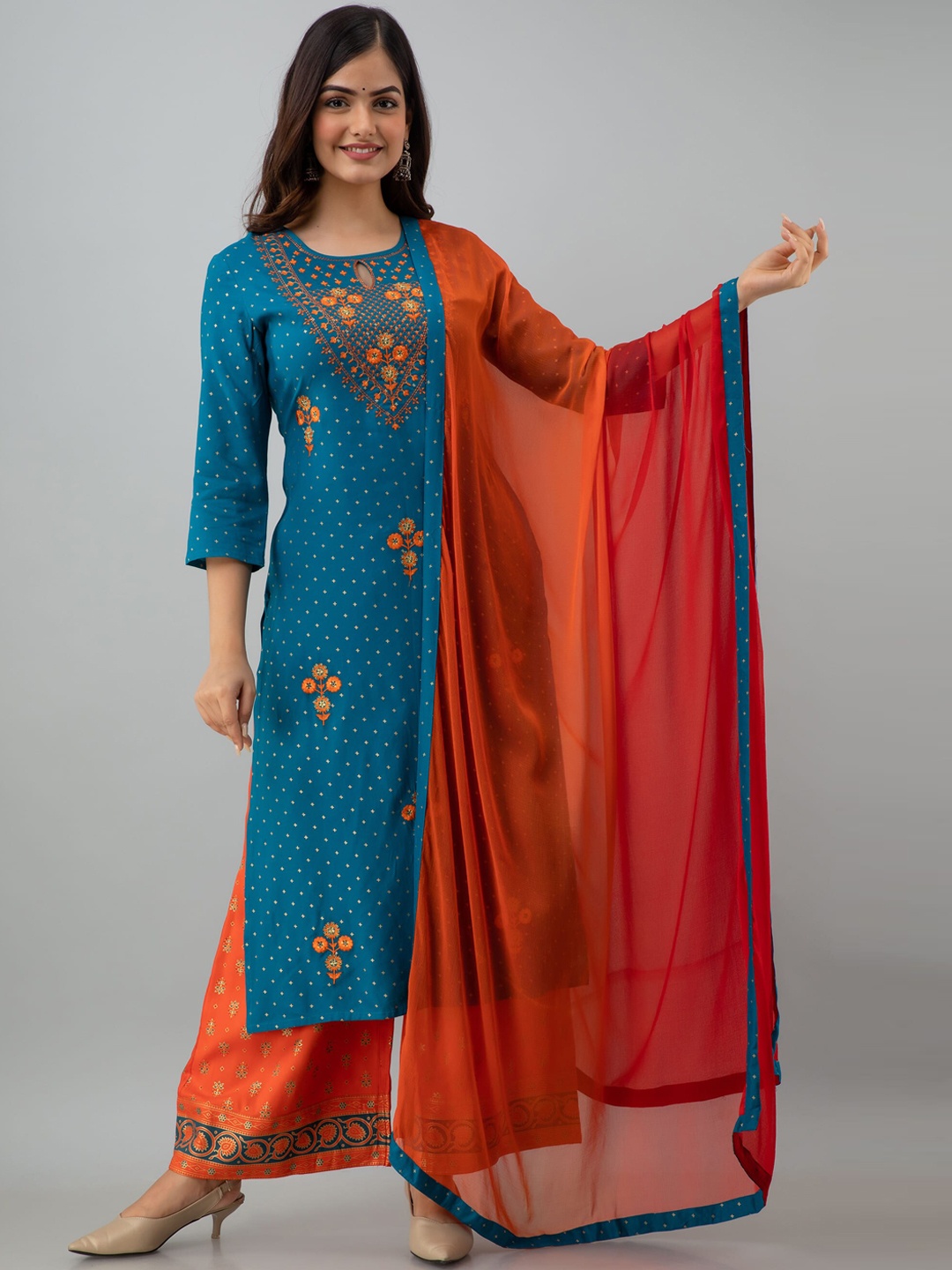 

KIMAYRA Women Teal Ethnic Motifs Embroidered Kurta with Palazzos & With Dupatta