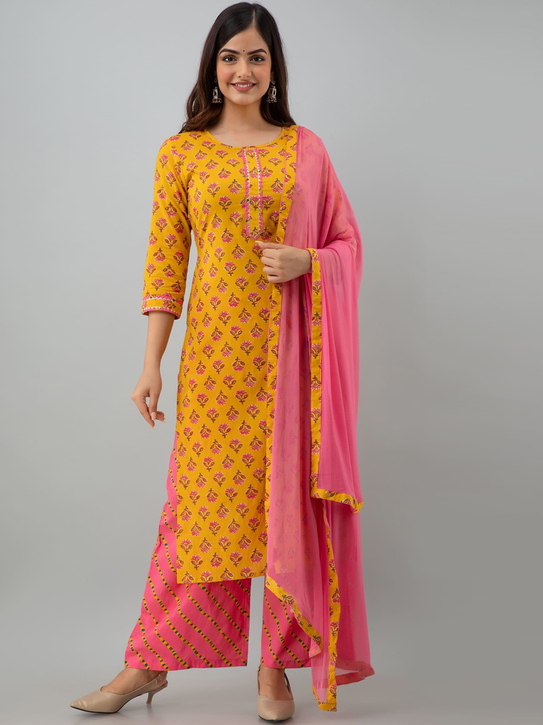 

KIMAYRA Women Mustard Yellow Ethnic Motifs Printed Pleated Pure Cotton Kurti with Palazzos & With Dupatta