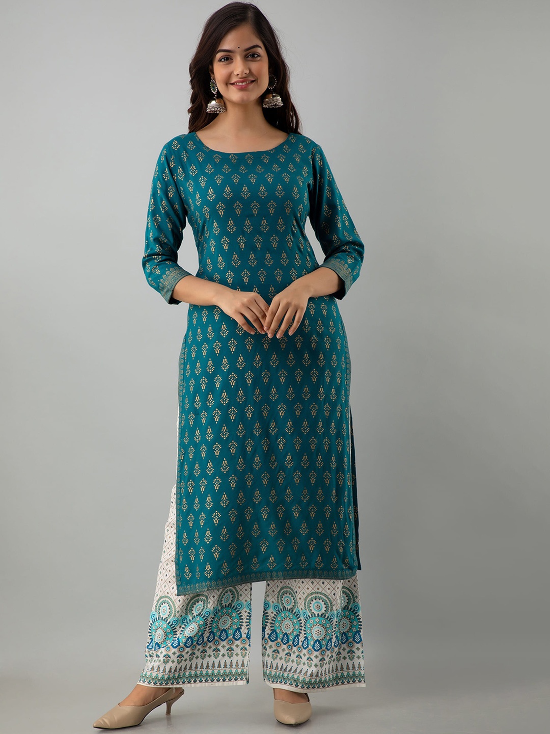 

KIMAYRA Women Sea Green Ethnic Motifs Printed Kurti with Palazzos