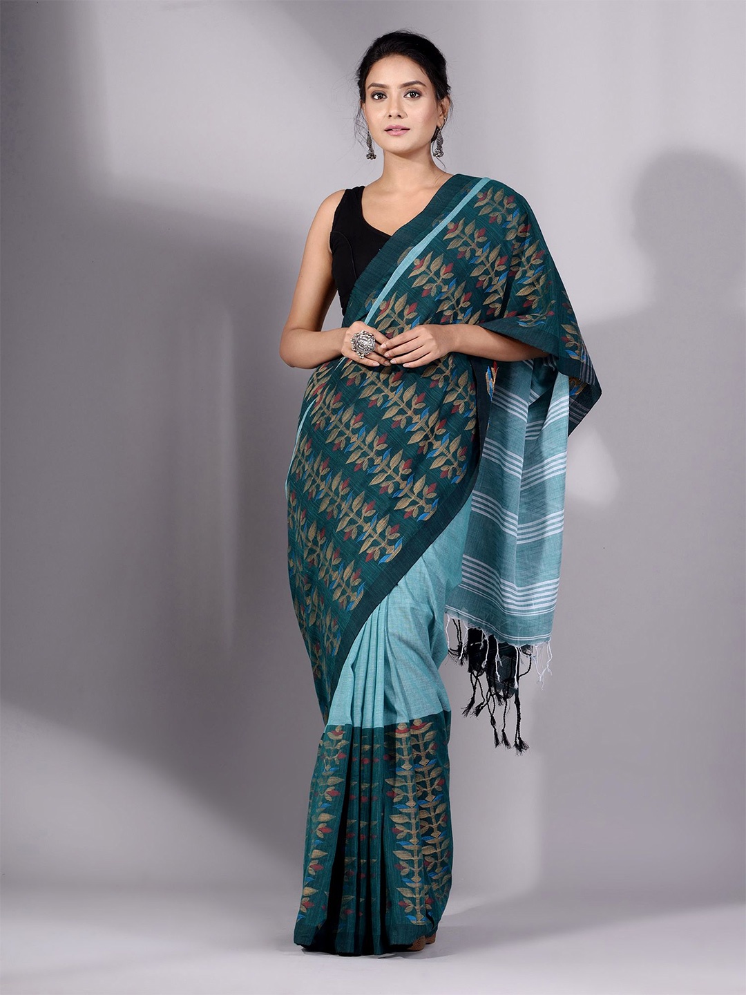 

Charukriti Blue & Green Woven Design Pure Cotton Saree