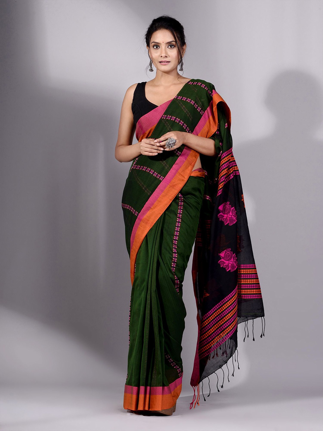 

Charukriti Green & Orange Woven Design Pure Cotton Saree