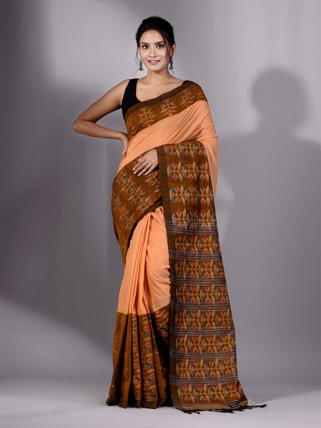 

Charukriti Orange & Brown Woven Design Pure Cotton Saree