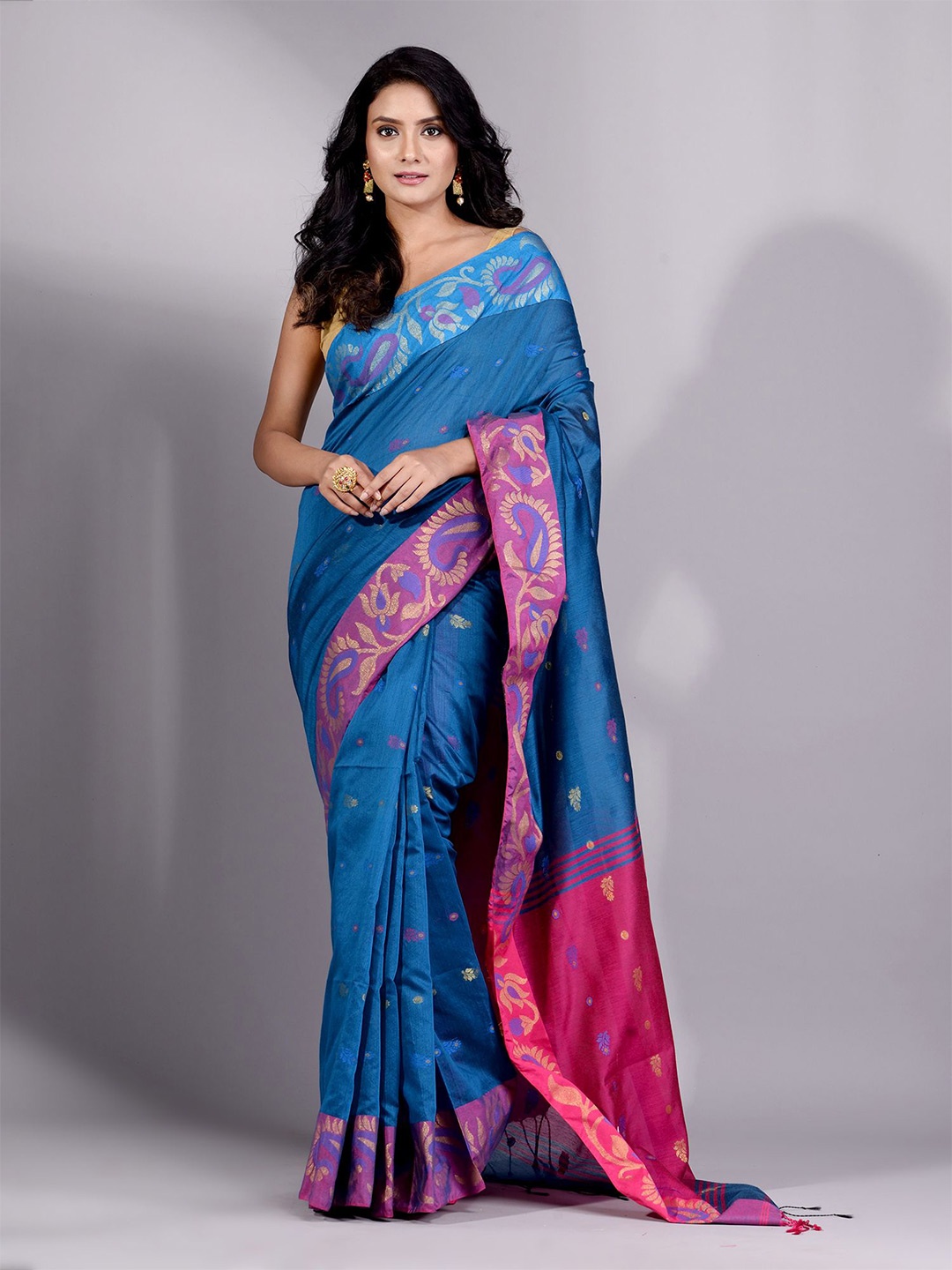 

Charukriti Blue & Pink Woven Design Saree