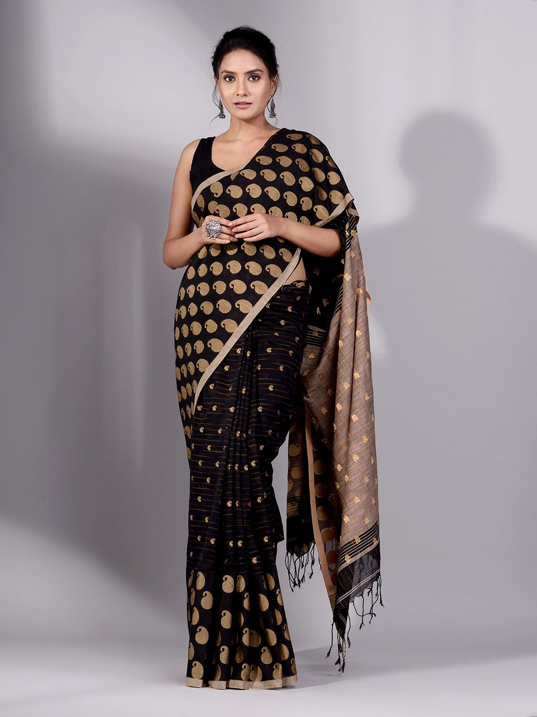 

Charukriti Black & Gold-Toned Woven Design Pure Cotton Saree