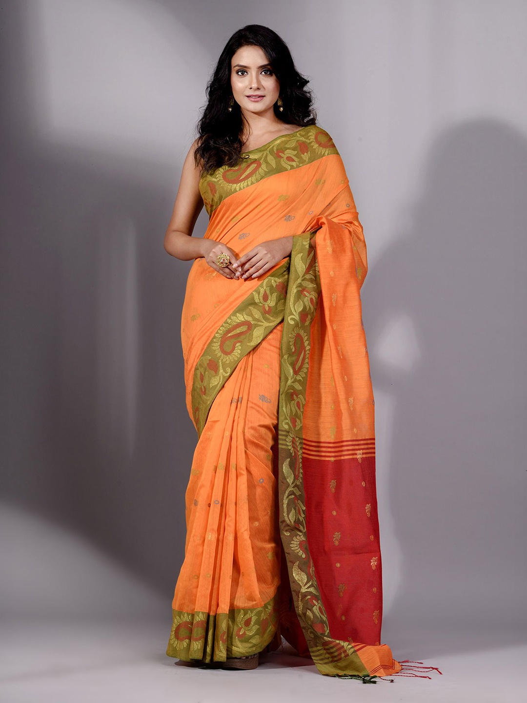 

Charukriti Orange & Red Woven Design Saree