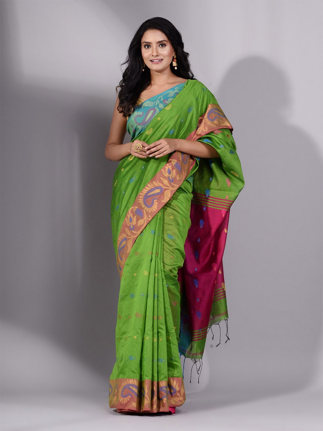 

Charukriti Green & Pink Woven Design Saree