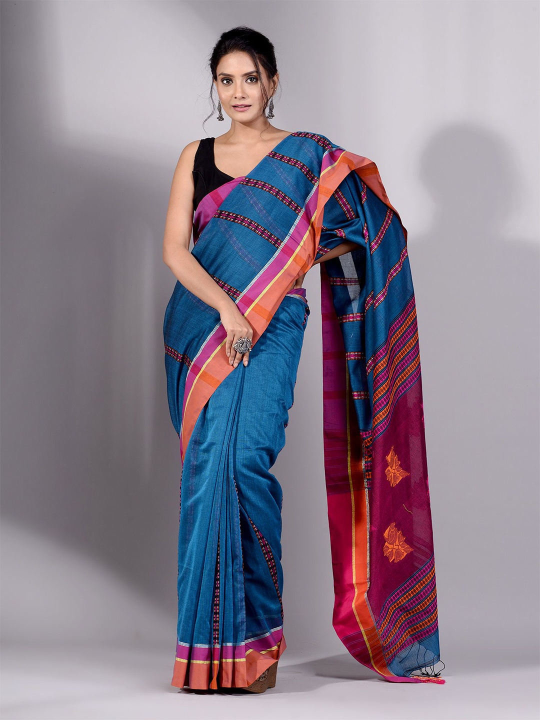 

Charukriti Teal & Orange Woven Design Pure Cotton Saree