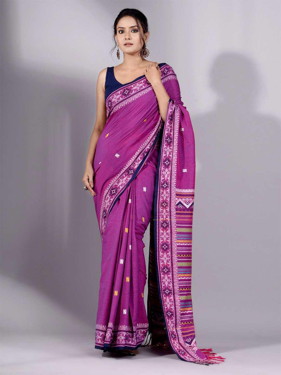 

Charukriti Purple & Blue Floral Pure Cotton Saree