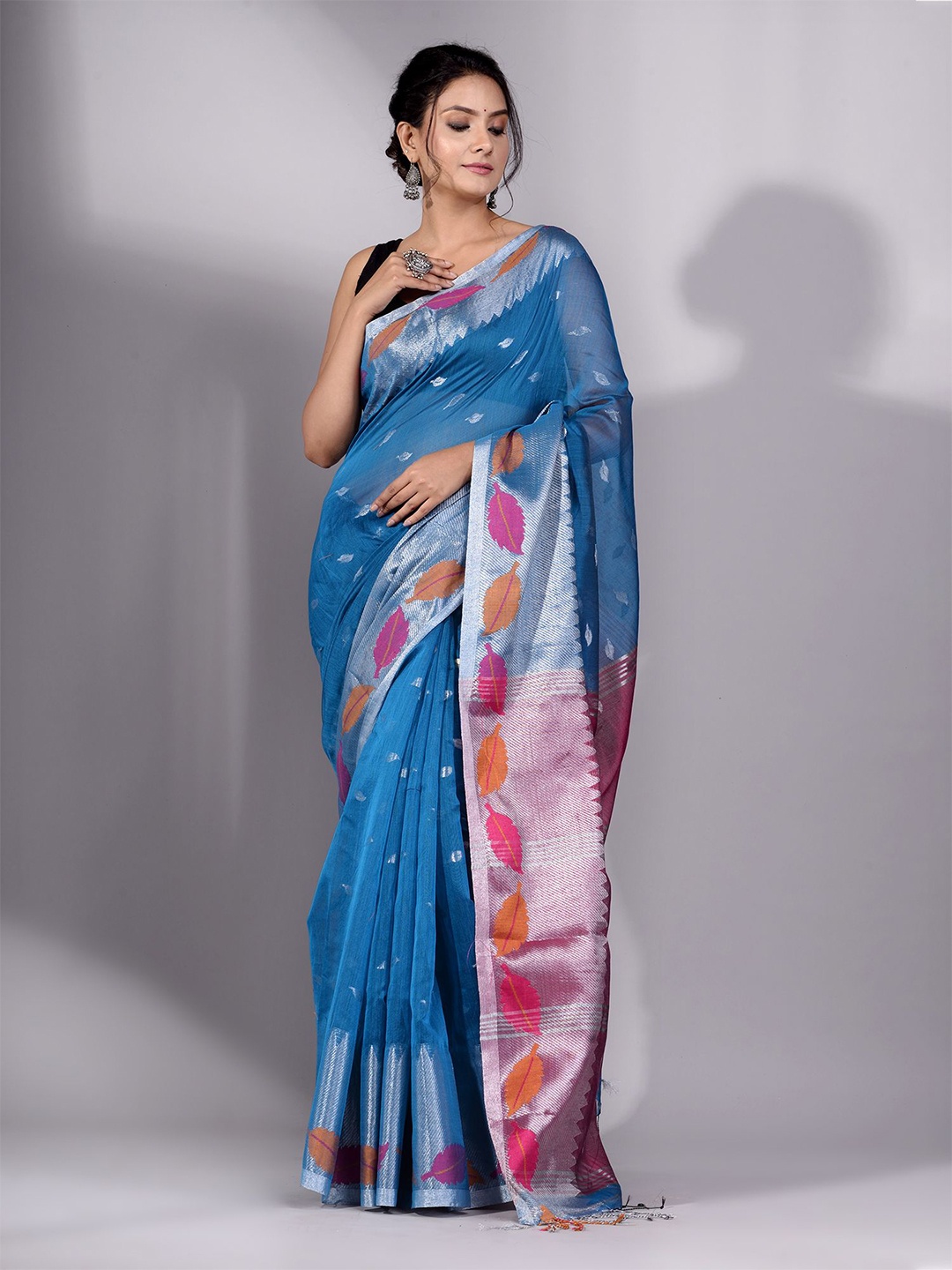 

Charukriti Blue & Pink Woven Design Pure Cotton Saree