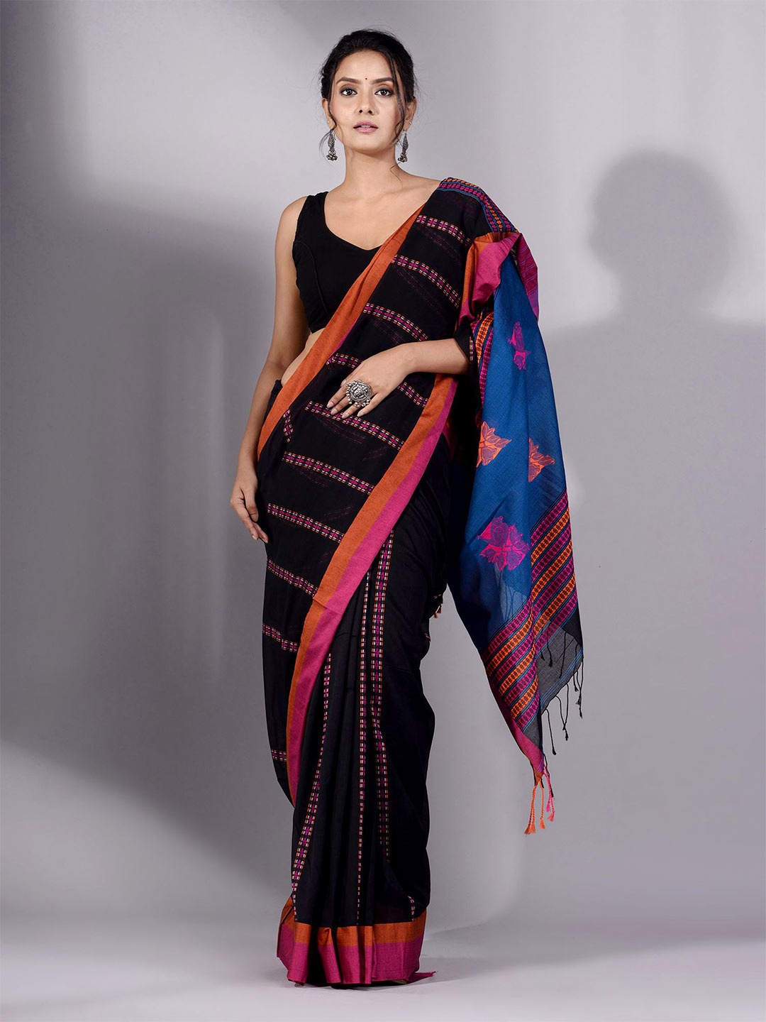 

Charukriti Black & Blue Woven Design Pure Cotton Saree