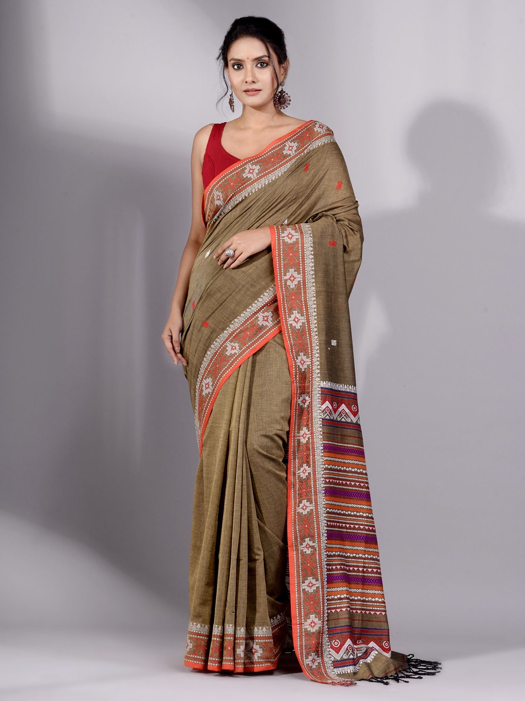 

Charukriti Brown & Purple Woven Design Pure Cotton Saree