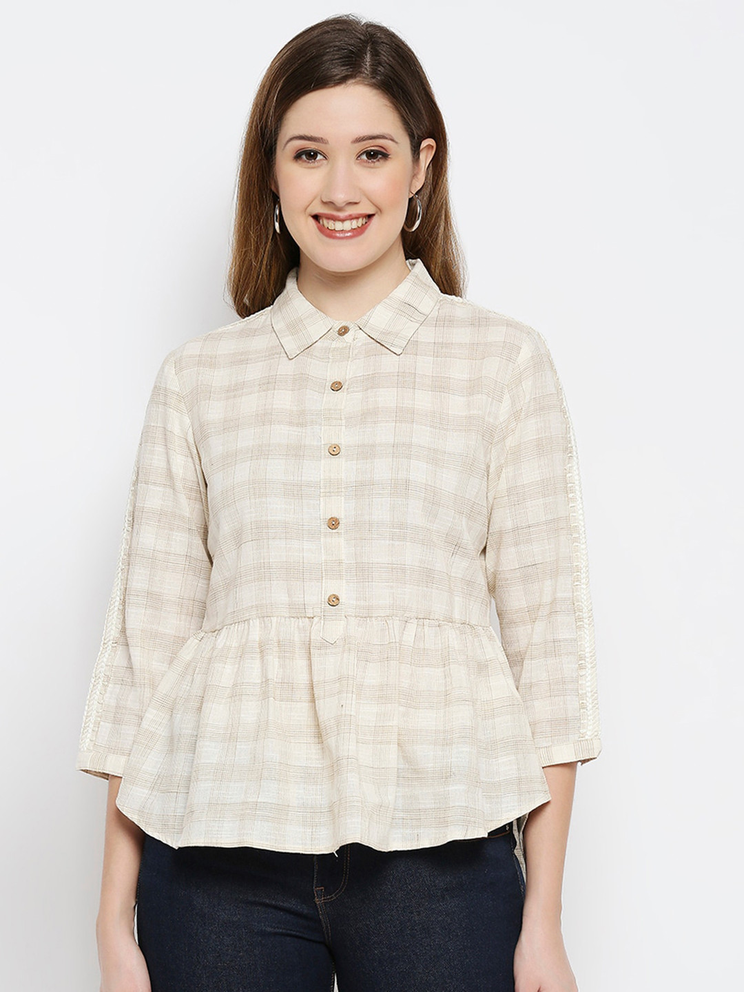 

Ethnicity Beige Checked Ethnic Shirt Mini Dress