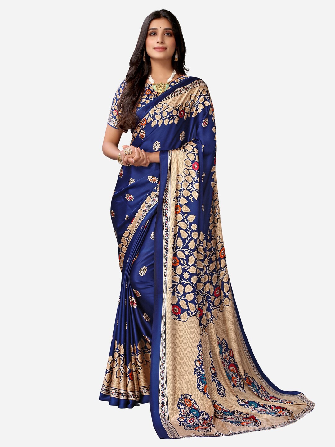 

Satrani Navy Blue & Red Floral Satin Banarasi Saree