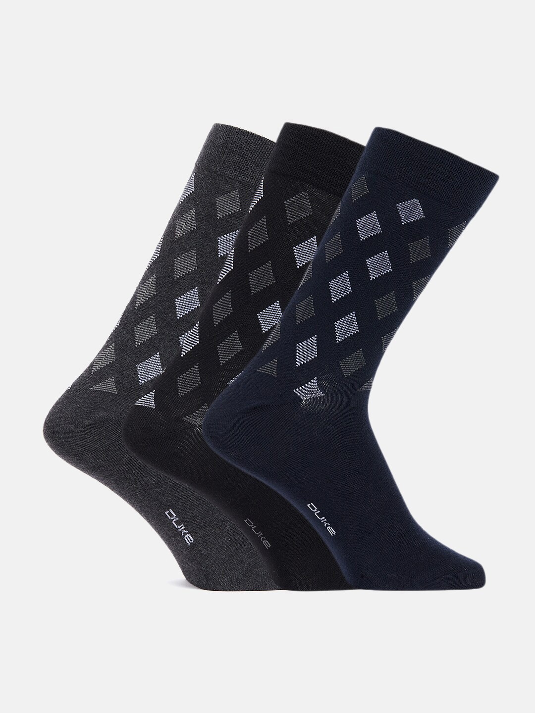 

Duke Men Set of 3 Patterned Calf-Length Socks, Navy blue
