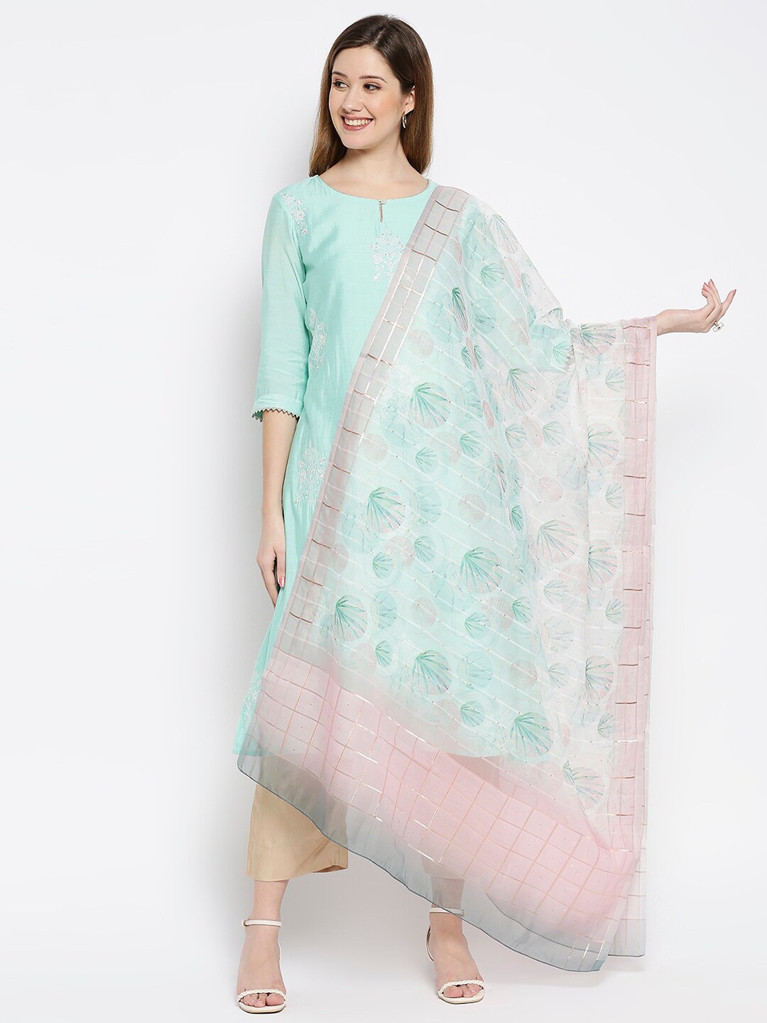 

Ethnicity Off White & Pink Printed Dupatta with Zari