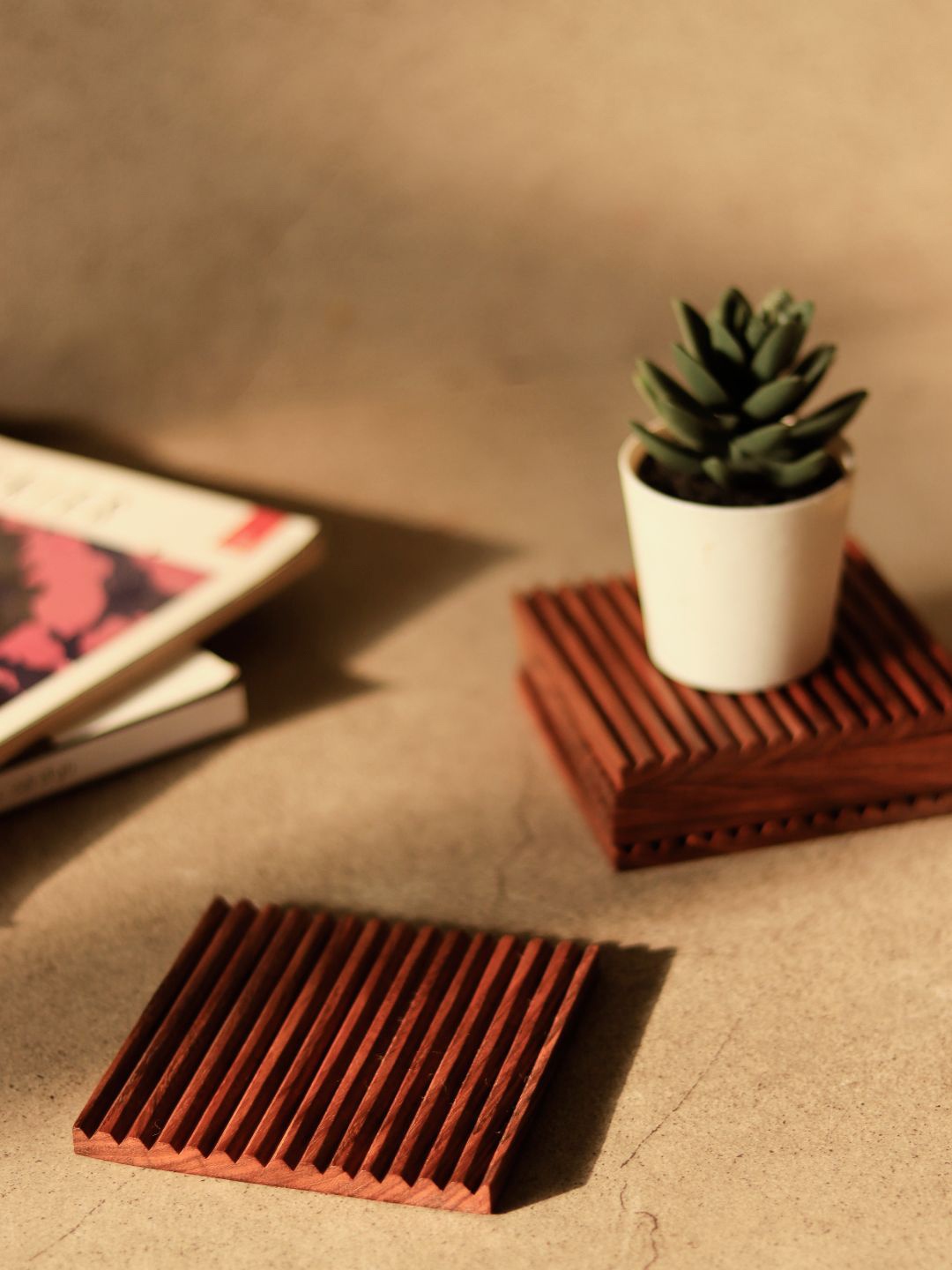 

Unravel India Unisex Brown Wood Textured Coasters