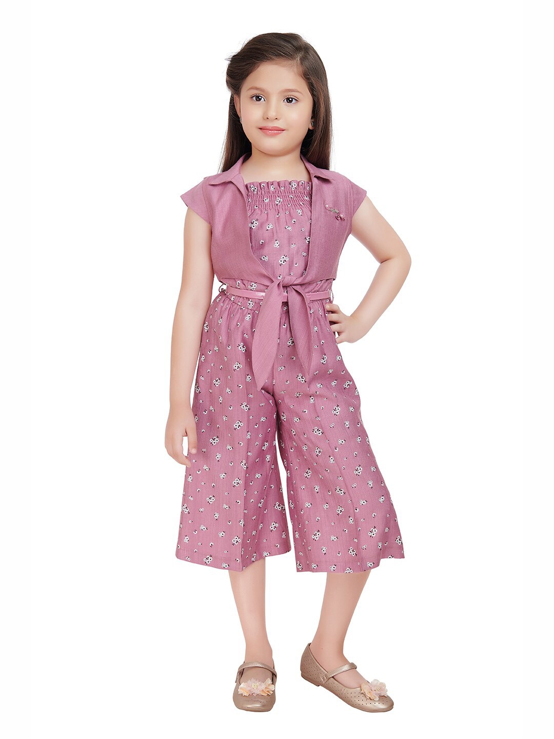 

Tiny Baby Girls Printed Basic Jumpsuit along with Jacket & Belt, Burgundy