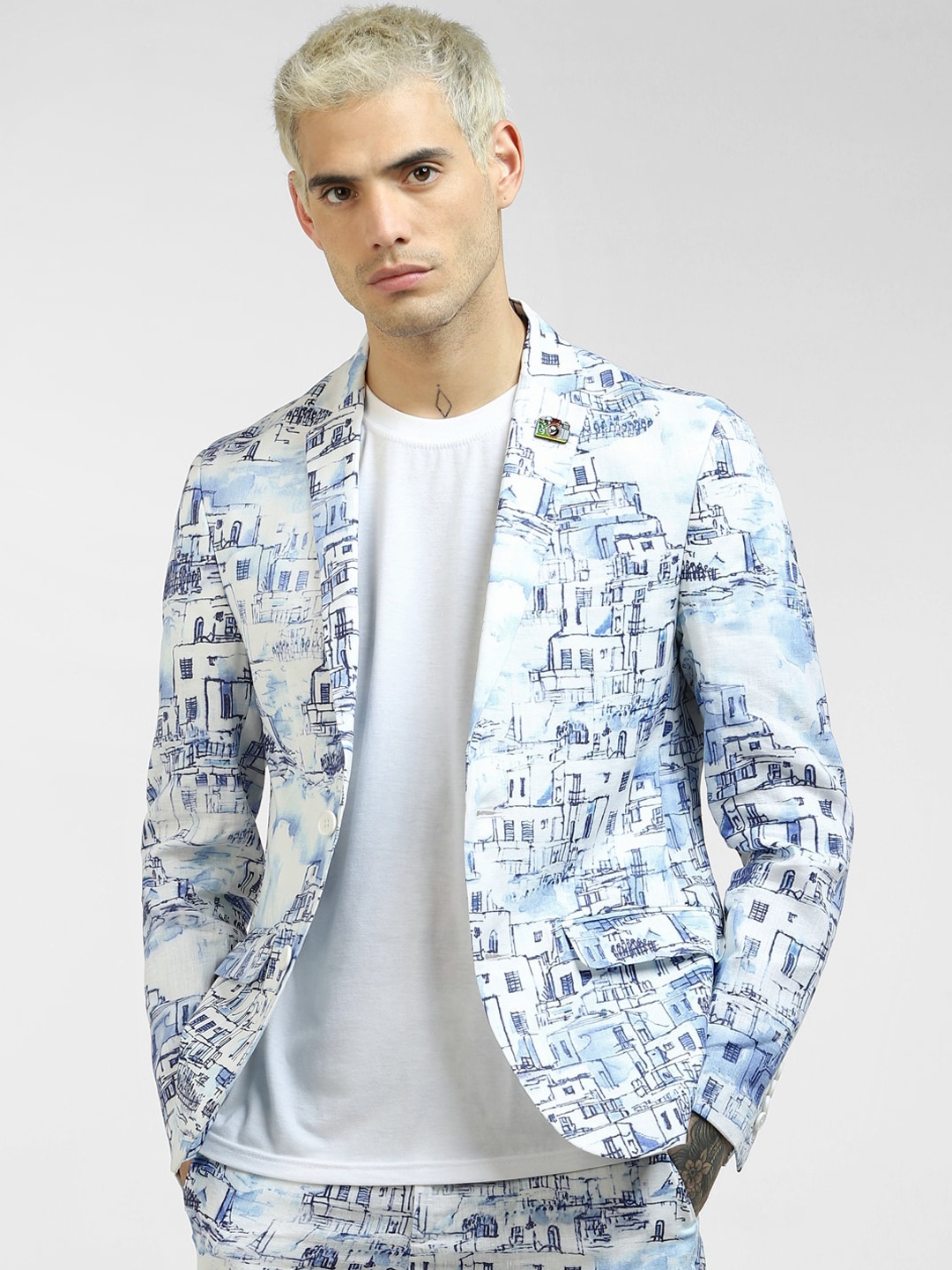 

Jack & Jones Men Blue & White Printed Single-Breasted Casual Blazer