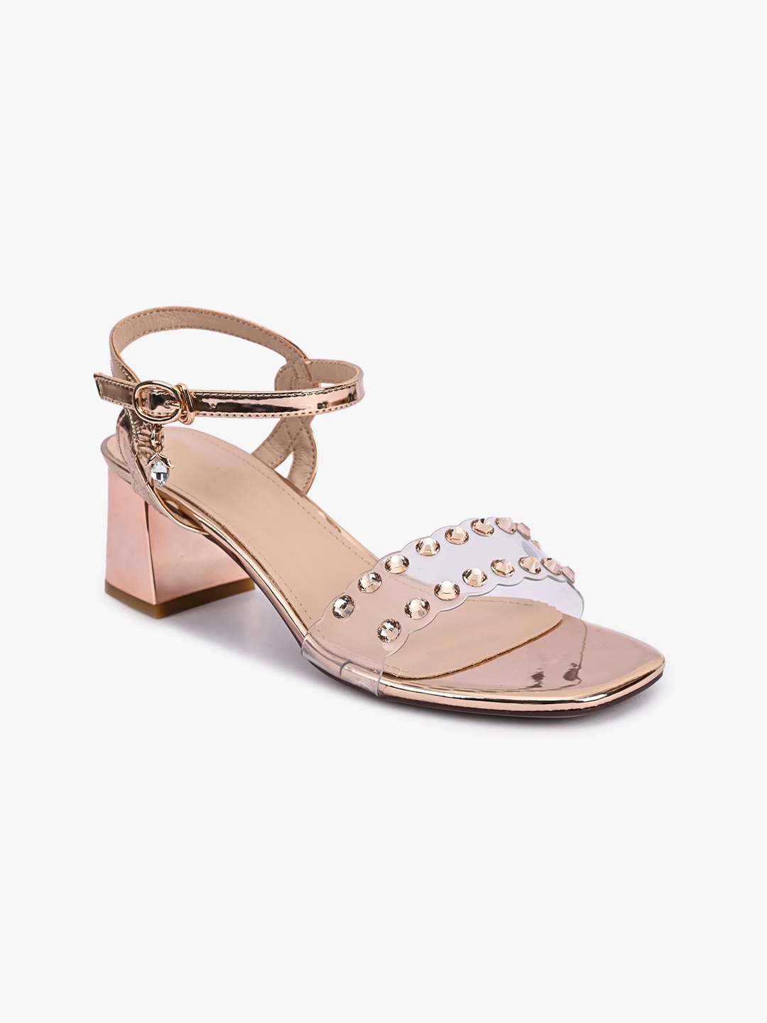 

BuckleUp Rose Gold Embellished Block Sandals