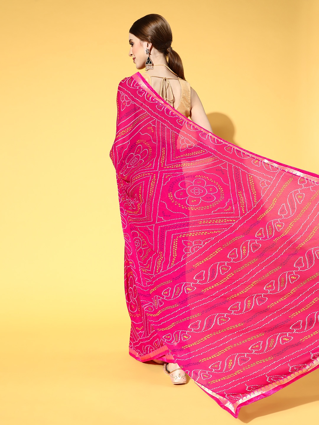

Mitera Pink & White Gotta Patti Bandhani Saree