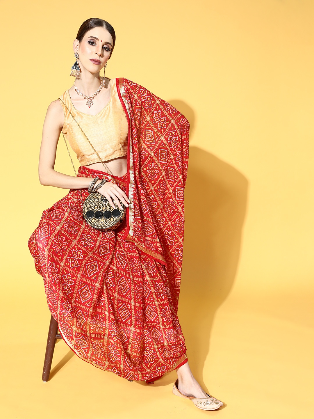 

Mitera Red Gotta Patti Bandhani Saree