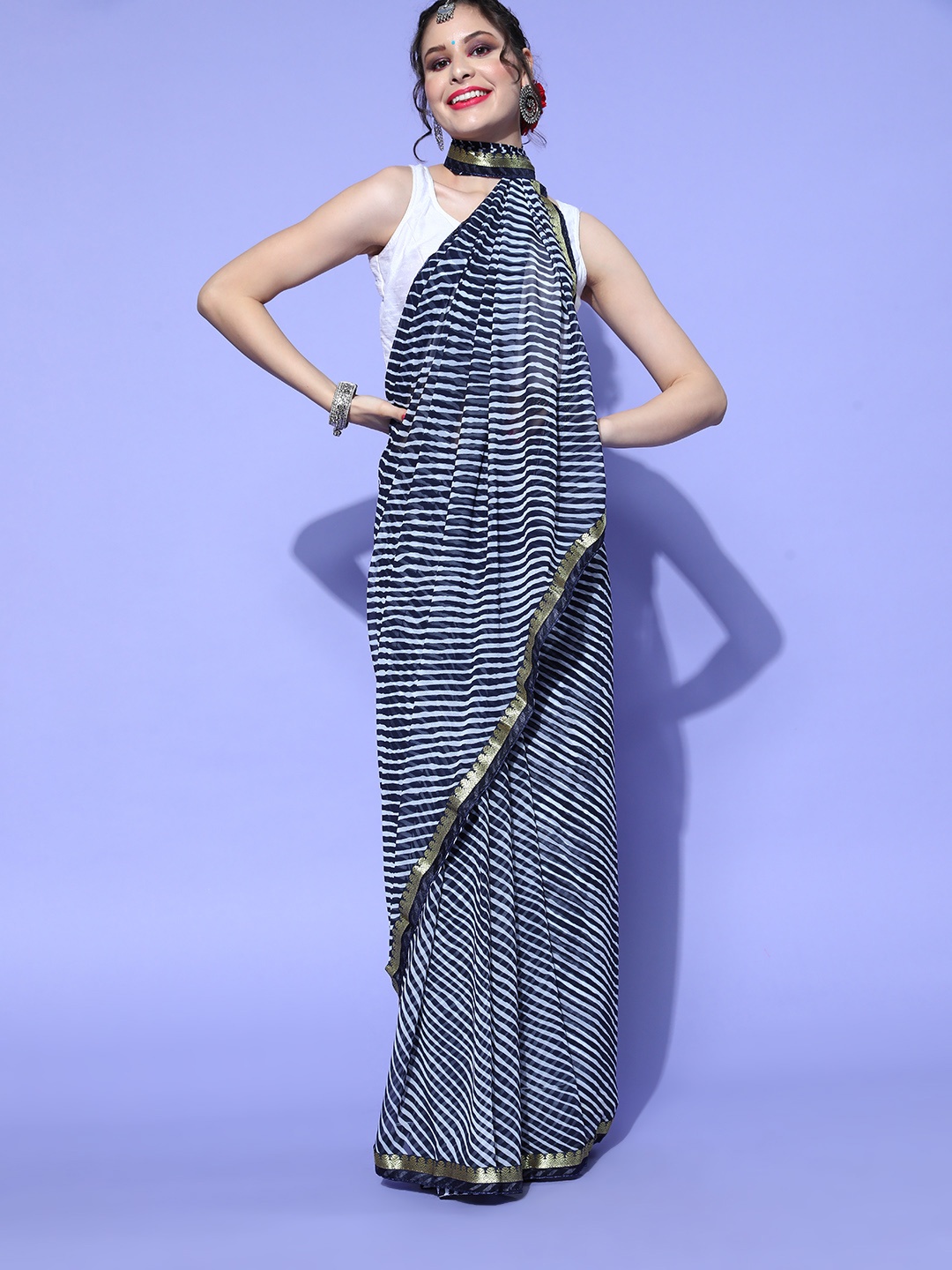 

Mitera Leheriya Saree with Woven Design border, Navy blue